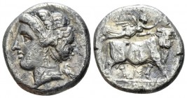 Campania, Neapolis Nomos circa 380-280, AR 21mm., 7.17g. Head of nymph l., wearing diadem, earring and necklace; behind, eagle standing l., head r. Re...
