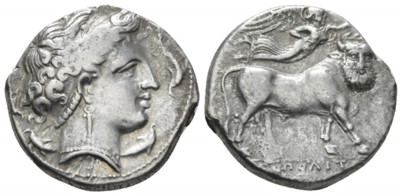 Campania, Neapolis Nomos circa 300 BC, AR 19mm., 7.35g. Diademed head of female ...