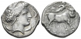 Campania, Neapolis Nomos circa 300 BC, AR 19mm., 7.35g. Diademed head of female r.; four dolphins around. Rev. Man-headed bull standing r., head facin...