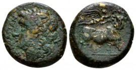 Campania, Neapolis Bronze circa 275-250, Æ 19mm., 5.39g. Laureate head of Apollo l., at r. T, Rev. Man-faced bull standing r.; above flying Nike crown...