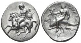 Calabria, Tarentum Nomos circa 280-272, AR 24mm., 7.83g. Horseman dismounting on horse prancing l., holding shield and spear. Rev. Oecist riding dolph...
