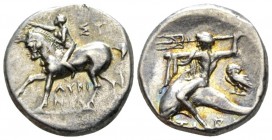 Calabria, Tarentum Nomos circa 272-240 BC, AR 20mm., 6.50g. Youth on horseback l., crowning horse and holding rein. Rev. Oecist, preparing to throw tr...