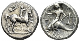 Calabria, Tarentum Nomos circa 272-240, AR 20mm., 6.10g. Youth on horseback r., crowning horse and holding rein; Nike flying r. above, crowning youth....