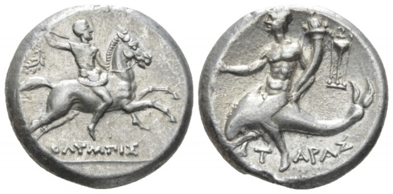 Calabria, Tarentum Nomos circa 240-228 BC, AR 20mm., 6.45g. Warrior, brandishing...