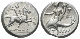 Calabria, Tarentum Nomos circa 240-228 BC, AR 20mm., 6.45g. Warrior, brandishing javelin, on horse galloping r.; wreath to l., OΛMΠIΣ below. Rev. Oeci...