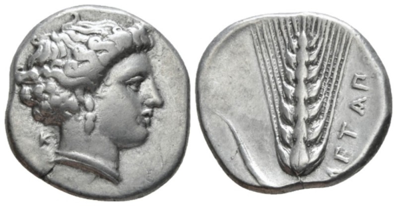 Lucania, Metapontum Nomos circa 340-330, AR 22mm., 7.67g. Head of Demeter r., he...
