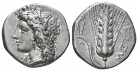 Lucania, Metapontum Nomos circa 330-290 BC, AR 20mm., 7.84g. Barley-wreathed head of Demeter l. Rev. Barley ear; in l. field, tongs. Johnston class C ...
