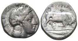 Lucania, Thurium Nomos circa 400-350, AR 21mm., 7.62g. Head of Athena r., wearing crested Attic helmet decorated with Skylla holding tridentRev. Bull ...