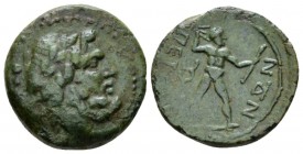 Bruttium, Petelia Quadrantes circa 216-211, Æ 18mm., 4.55g. Laureate head of Zeus r.; behind, three pellet. Rev. Zeus standing r., preparing to hurl t...