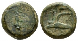 Bruttium, Uncertain "BPEIΓ". Dichalkon (?) Early IV century B.C., Æ 13mm., 2.18g. Head of Stag r.; in field K-A. Rev. Plough l.; below, BPEIΓ in r. fi...
