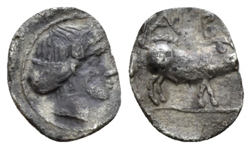 Sicily, Abacaenum Tetartemorion circa 430-420 BC, AR 7mm., 0.26g. Head of nymph ...