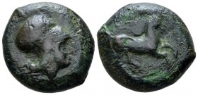 Sicily, Aetna Bronze circa 360-340, Æ 24mm., 14.36g. Helmeted head of Athena r. Rev. Horse prancing r. Calciati 1. SNG Munchen 20. Scarce and Good Fin...