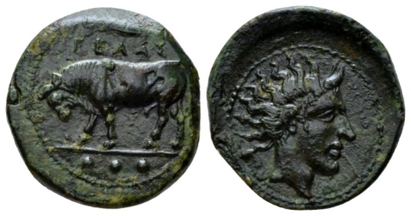 Sicily, Gela Tetras circa 420-405, Æ 18mm., 3.40g. Bull standing l.; olive leaf ...
