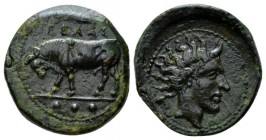 Sicily, Gela Tetras circa 420-405, Æ 18mm., 3.40g. Bull standing l.; olive leaf above. Rev. Horned head of Gelas r.; barley grain in l. field, Jenkins...
