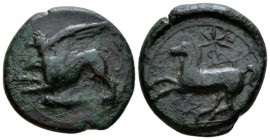 Sicily, Kainon Bronze circa 365, Æ 24mm., 8.79g. Griffin springing l.; below, grasshopper l. Rev. Horse prancing l., trailing rein; star above. Calcia...
