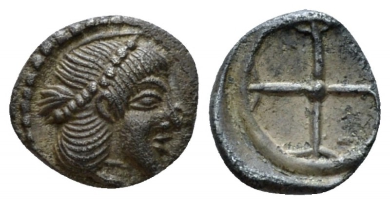 Sicily, Syracuse Obol circa 480-475, AR 10mm., 0.64g. Head of Arethusa r. Rev. W...