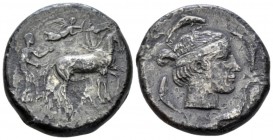 Sicily, Syracuse Tetradrachm circa 440 BC, AR 25mm., 15.94g. Charioteer driving slow quadriga r.; above, flying Nike r. and in exergue, sea-monster. R...