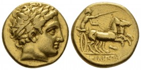 Kingdom of Macedon, Philip II, 359 – 336 Pella Stater circa 323-315, AV 19mm., 8.51g. Laureate head of Apollo r. Rev. Charioteer driving fast biga r.;...