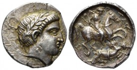 Kingdom of Paeonia, Patraos, 335-315 Astibos or Damastaion Tetradrachm circa 335-315 BC, AR 25mm., 12.70g. Laureate head of Apollo r. Rev. Warrior on ...