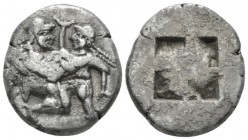 Island of Thrace, Thasos Stater circa 525-463 BC, AR 20mm., 8.41g. Naked ithyphallic satyr supporting nymph under thighs with r. arm, the l. hand unde...