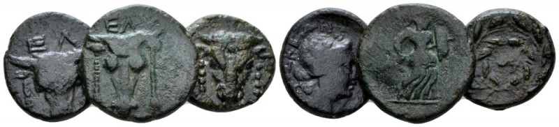 Phocis, Elateia Lot of 3 Bronzes III-II cent. BC, Æ 16mm., 13.16g. Facing bull's...