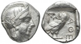 Attica, Athens Tetradrachm after 449, AR 26mm., 17.12g. Head of Athena r., wearing Attic helmet decorated with olive leaves and palmette. Rev. Owl sta...