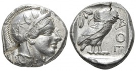 Attica, Athens Tetradrachm circa 415-407 BC, AR 26mm., 17.18g. Head of Athena r., wearing Attic helmet decorated with olive wreath and palmettae. Rev....