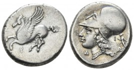 Corinthia, Corinth Stater circa 375-300 BC, AR 20mm., 8.47g. Pegasus flying l. Rev. Helmeted head of Athena l.; Δ-I flanking neck; in r. field, Artemi...