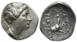 Ionia, Ephesus Didrachm circa 258-202, AR 20mm., 6.44g. Draped bust of Artemis r., wearing stephane and quiver over shoulder. Rev. APIΣTPAT Forepart o...