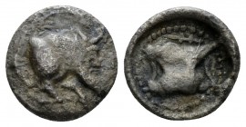 Cyprus, Uncertain king, 525 – 480. Paphos 1/12 of Siglos circa 525-480, AR 9.7mm., 0.73g. Forepart of man-faced bull crouching r. Rev. Astragalos. Tra...