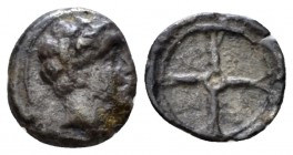 Cyprus, King Evagoras I, 411 – 373 Salamis 1/24 siglos circa 411-373 BC, AR 9mm., 0.57g. Bare male head r. Rev. Wheel with four spokes. Traité II 1148...