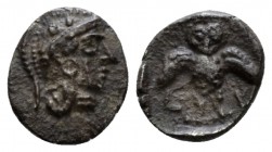 Samaria, Ma'eh / obol mid IV century BC, AR 8.20mm., 0.71g. Helmeted head of Athena r. wearing earring. Rev. Owl standing facing with spread wings; in...