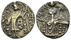 Bactria, Kipunadha, circa 335-350. India. Kushan Empire. Dinar circa 335-350, EL 18mm., 7.06g. Kipunada standing l., sacrificing over altar and holdin...