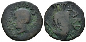 Sicily, Sardinia. Uselis (?). Praetor: M. Atius Balbus. Bronze after 38 BC, Æ 24.6mm., 7.61g. M ATIVS BALBVS PR Head l. Rev. SARD PATER Helmeted head ...