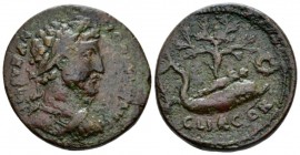 Corinthia, Corinth Marcus Aurelius, 161-180 Bronze circa 161-180, Æ 27.3mm., 13.85g. Laureate and cuirassed bust r. Rev. Melikertes-Palaimon lying on ...