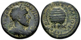 Cilicia, Hierapolis-Castabala Macrinus, 217-218 Bronze circa 217-218, Æ 24.6mm., 10.79g. Laureate, draped and cuirassed bust r. Rev. Agonistic urn bet...