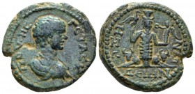 Decapolis, Dium Geta Caesar, 198-209 Bronze circa 205-206, Æ 23mm., 11.88g. Bareheaded, draped, and cuirassed bust r. Rev. Cult statue of Ba'al Hadad ...