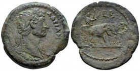 Egypt, Alexandria Hadrian, 117-138 Drachm circa 117-118 (year 2), Æ 34.7mm., 19.49g. Laureate bust r., drapery on l. shoulder. Rev. The Emperor standi...