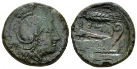 Corn-ear (first) series Uncia Sicily circa 214-212, Æ 20.5mm., 6.23g. Head of Roma r., wearing Attic helmet; behind, pellet. Rev. ROMA Prow r.; above,...