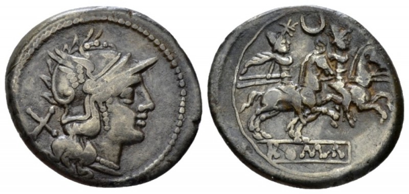 Denarius circa 194-190, AR 20mm., 3.85g. Helmeted head of Roma r.; behind, X. Re...