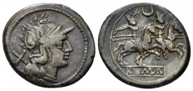 Denarius circa 194-190, AR 20mm., 3.85g. Helmeted head of Roma r.; behind, X. Rev. The Dioscuri galloping r.; above, crescent. Below, ROMA in partial ...