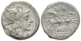 M. Iunius. Denarius circa 145, AR 18mm., 3.97g. Helmeted head of Roma r.; behind, ass's head and below chin, X. Rev. The Dioscuri galloping r.; below,...
