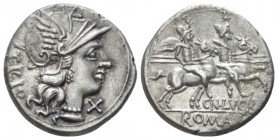 Cn. Lucretius Trio. Denarius circa 136, AR 19mm., 3.88g. Helmeted head of Roma r.; below chin, X and behind, TRIO. Rev. The Dioscuri galloping r., bel...