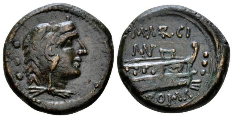 M. Marcius Mn. f. Quadrans circa 134, Æ 20.5mm., 5.74g. Head of Hercules r., wea...