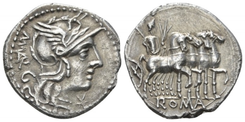 M. Vargunteius. Denarius circa 130, AR mm., g. Helmeted head of Roma r.; behind,...