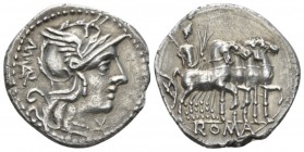 M. Vargunteius. Denarius circa 130, AR mm., g. Helmeted head of Roma r.; behind, M·VARG and below chin, Û. Rev. Jupiter in slow quadriga r., holding t...