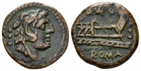 M. Vargunteius Quadrans circa 130, Æ 18.5mm., 4.42g. Head of Hercules r. wearing lion’s skin; behind, three pellets. Rev. M·VARG Prow r.; before, four...