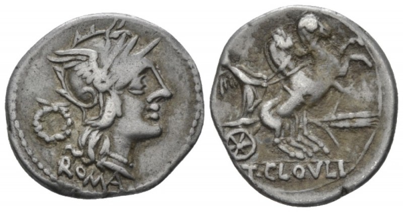 T. Cloelius Denarius circa 129, AR 20.5mm., 3.85g. Helmeted of Roma r.; behind, ...