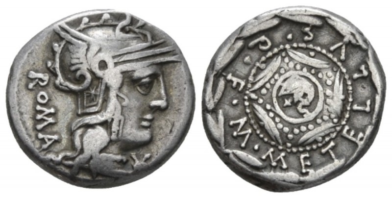 M. Metellus Q. f. Denarius circa 127, AR 16.5mm., 3.82g. Helmeted head of Roma r...