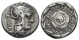 M. Metellus Q. f. Denarius circa 127, AR 16.5mm., 3.82g. Helmeted head of Roma r.; behind, ROMA downwards, below chin Û. Rev. Same type, incuse. Babel...